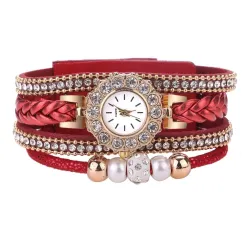 Mehrschichtiges Armband mit runder Uhr - Kristalle / Perlen