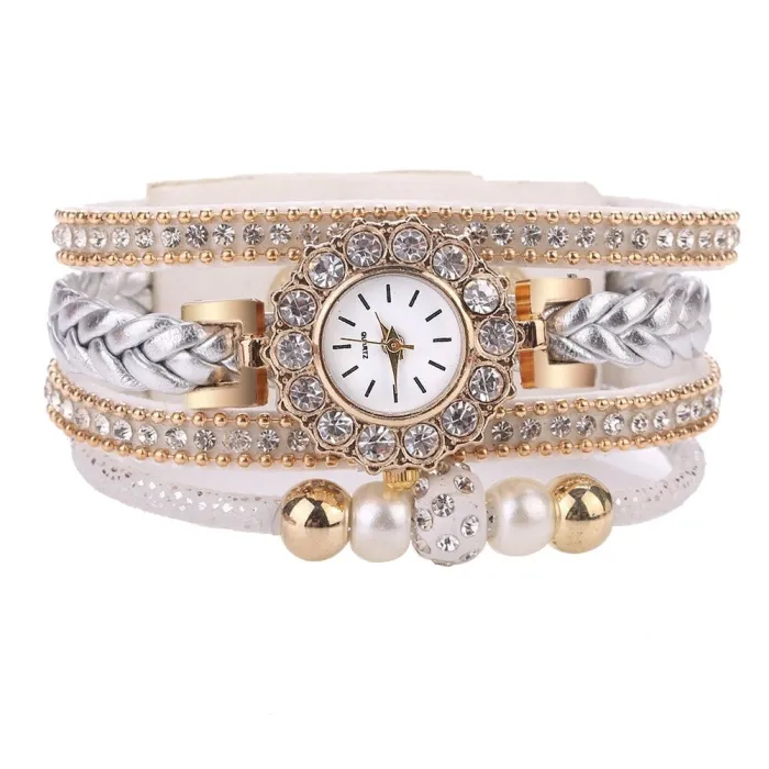 Multilayer armband met een rond horloge - kristallen / kralenArmbanden