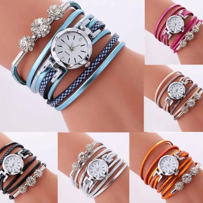 Vintage multilayer bracelet - with a round watch / crystals