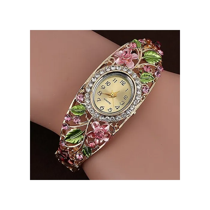 Elegantes Kristallarmband - mit Uhr - bunte Blumen - ausgehöhltes Design