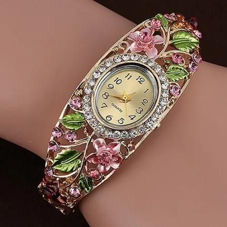 Elegantes Kristallarmband - mit Uhr - bunte Blumen - ausgehöhltes Design