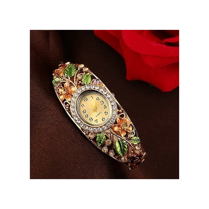 Elegante kristallen armband - met horloge - kleurrijke bloemen - uitgehold ontwerpArmbanden