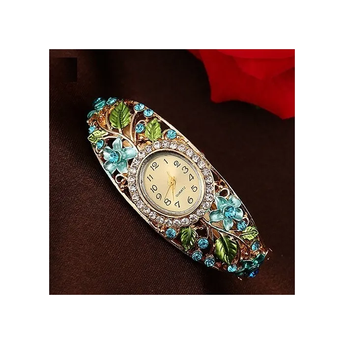 Elegantes Kristallarmband - mit Uhr - bunte Blumen - ausgehöhltes Design