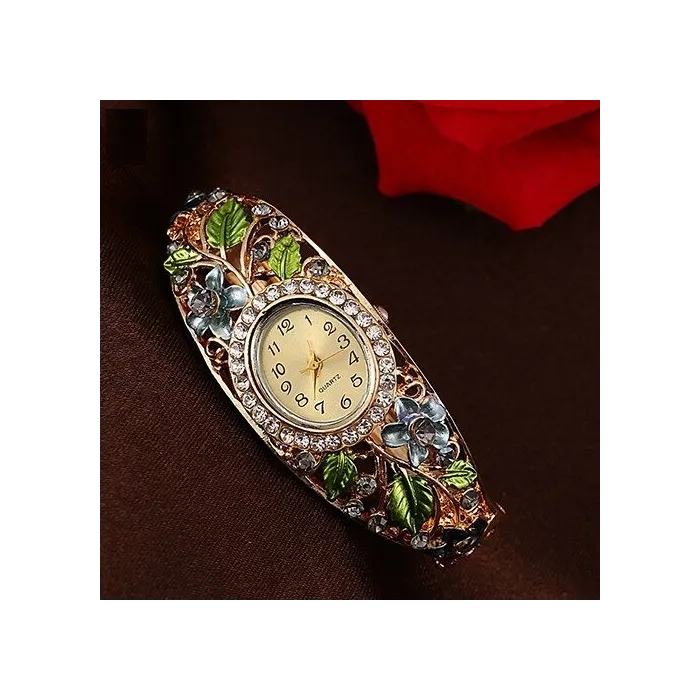 Elegantes Kristallarmband - mit Uhr - bunte Blumen - ausgehöhltes Design