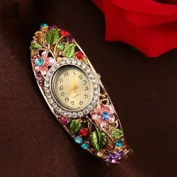 Elegantes Kristallarmband - mit Uhr - bunte Blumen - ausgehöhltes Design