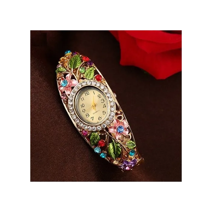 Elegantes Kristallarmband - mit Uhr - bunte Blumen - ausgehöhltes Design