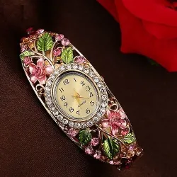 Elegant crystal bracelet - with a watch - colorful flowers - hollow out design
