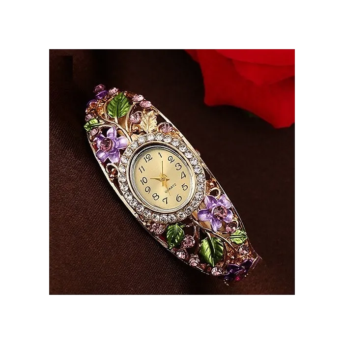 Elegantes Kristallarmband - mit Uhr - bunte Blumen - ausgehöhltes Design