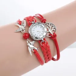 Mehrschichtiges Retro-Armband mit Uhr - Vögel / Lebensbaum