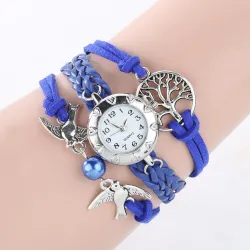 Mehrschichtiges Retro-Armband mit Uhr - Vögel / Lebensbaum