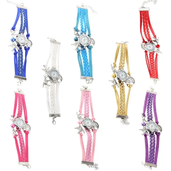 Mehrschichtiges Retro-Armband mit Uhr - Vögel / Lebensbaum