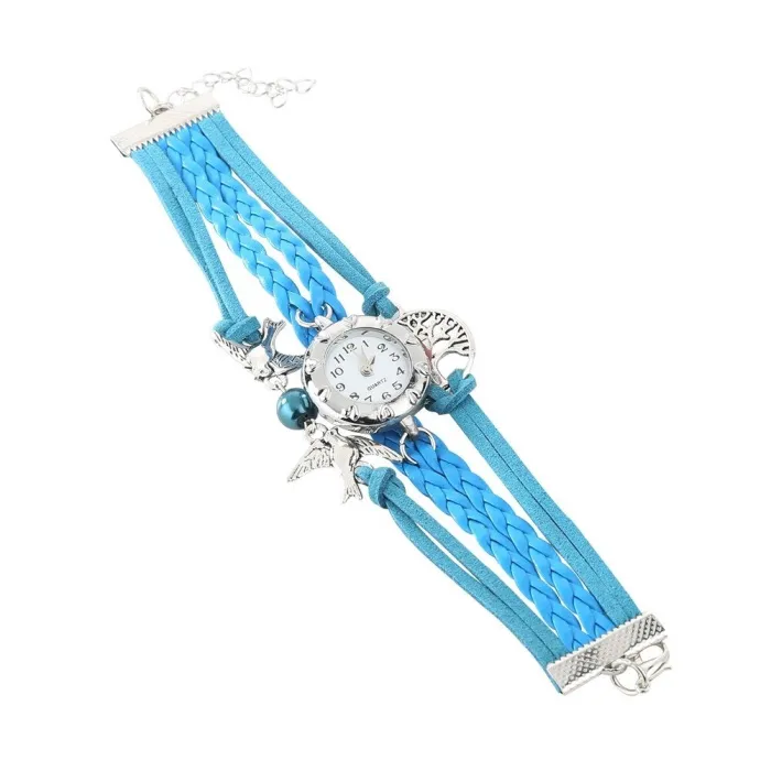 Mehrschichtiges Retro-Armband mit Uhr - Vögel / Lebensbaum