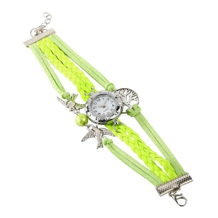 Mehrschichtiges Retro-Armband mit Uhr - Vögel / Lebensbaum