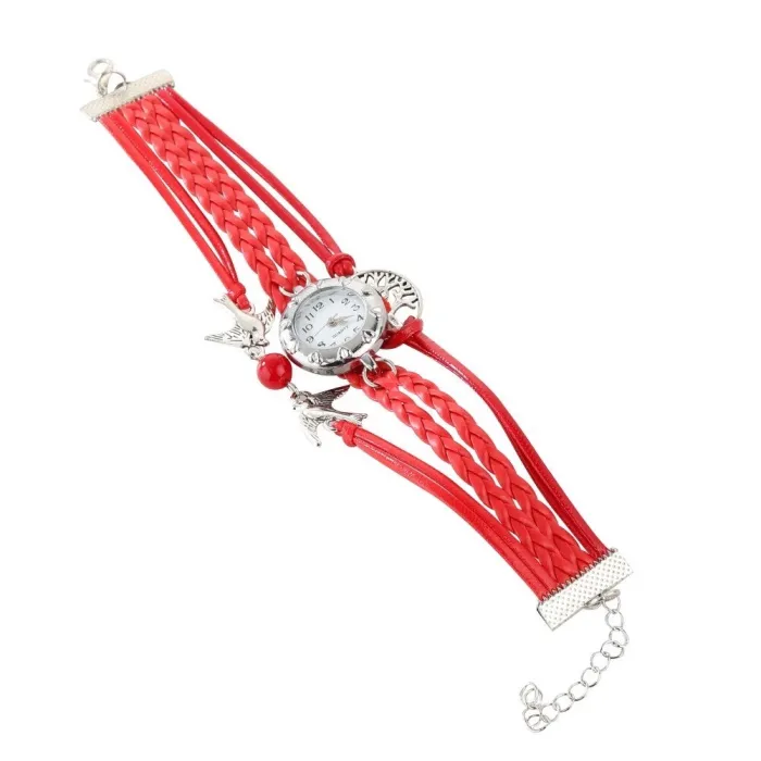 Mehrschichtiges Retro-Armband mit Uhr - Vögel / Lebensbaum