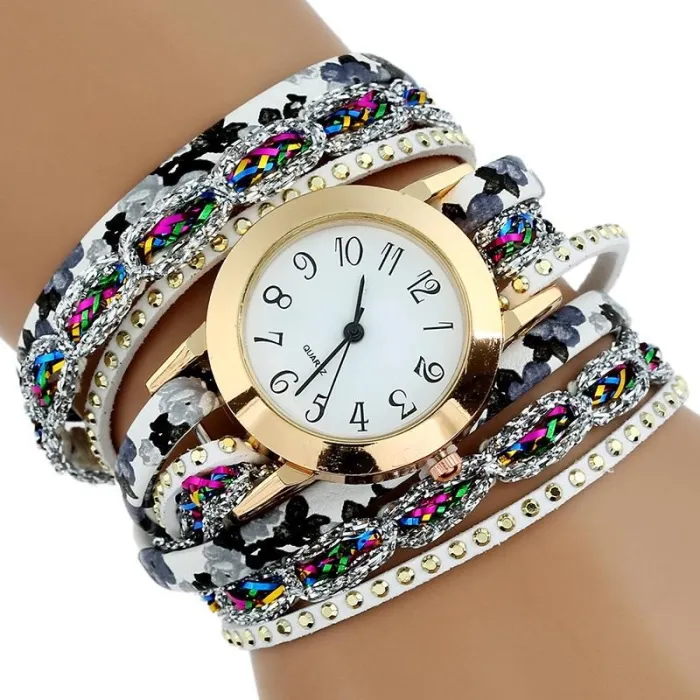 Meerlaagse bloemenarmband - met een rond quartz horlogeArmbanden