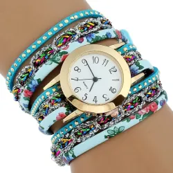 Meerlaagse bloemenarmband - met een rond quartz horlogeArmbanden