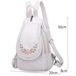 Fashionable leather backpack - cats / flowers print - white / black / pink