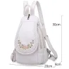Fashionable leather backpack - cats / flowers print - white / black / pink