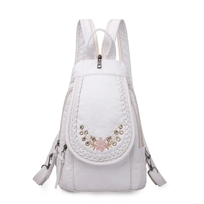 Fashionable leather backpack - cats / flowers print - white / black / pink