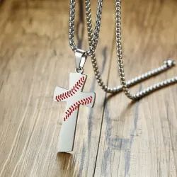 Kruis met honkbalpatroon - met ketting - "I CAN DO ALL THINGS" gravureKettingen