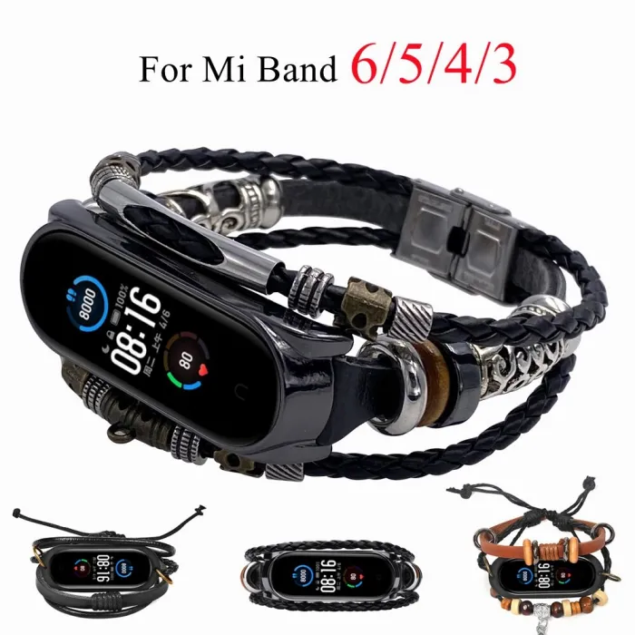 Wielowarstwowa skórzana bransoletka - pasek - z koralikami / metalowymi ozdobami - dla Xiaomi Mi Band 3 / 4 / 5 / 6Inteligent...