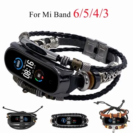 Wielowarstwowa skórzana bransoletka - pasek - z koralikami / metalowymi ozdobami - dla Xiaomi Mi Band 3 / 4 / 5 / 6Inteligent...