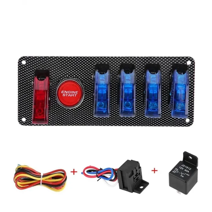 InterruptoresPanel de interruptores de encendido para autos de carreras - 5 LED - Botón de arranque del motor - DC12V / 20A