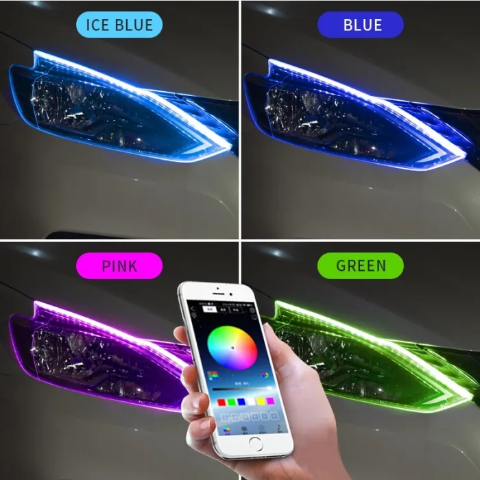 Auto LED stripverlichting - flexibel - waterdicht - DRL - RGB - Bluetooth bediening/afstandsbediening - 12V - 2 stuksLED strips