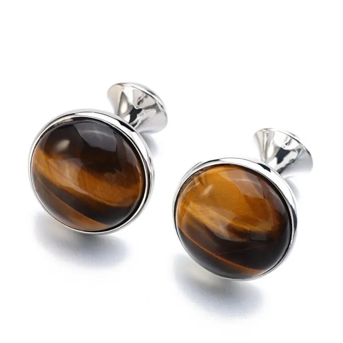 Luxurious round cufflinks - with tiger-eye stone