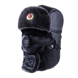 Warm winter leather hat - with neck / face cover / ear flaps - Russian / Soviet badge