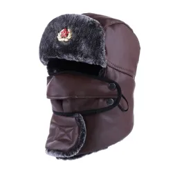 Warme leren wintermuts - met nek / gezichtsbedekking / oorkleppen - Russisch / Sovjet-badgeHoeden & Petten