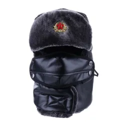 Warm winter leather hat - with neck / face cover / ear flaps - Russian / Soviet badge