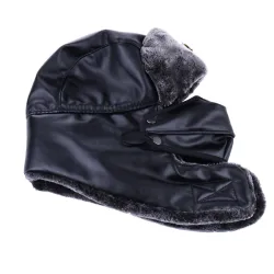Warm winter leather hat - with neck / face cover / ear flaps - Russian / Soviet badge