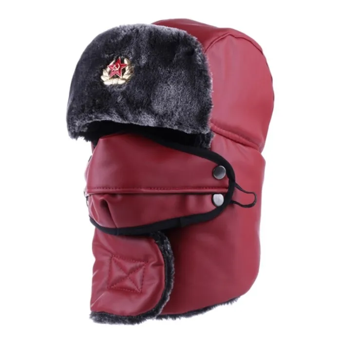 Warme leren wintermuts - met nek / gezichtsbedekking / oorkleppen - Russisch / Sovjet-badgeHoeden & Petten