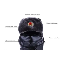 Warm winter leather hat - with neck / face cover / ear flaps - Russian / Soviet badge