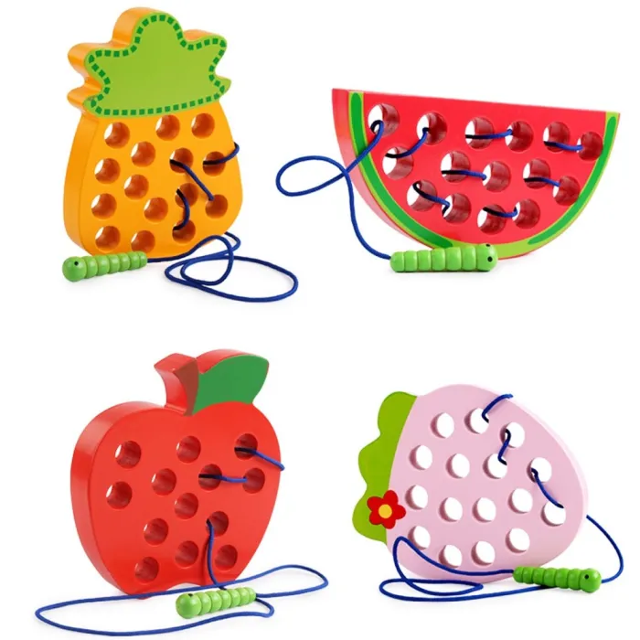 Jouet éducatif Montessori - puzzle en bois - ver mangeant des fruits - pomme / poire / pastèque