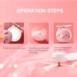 Mini pocket mirror - with fan - LED light - piggy head shape