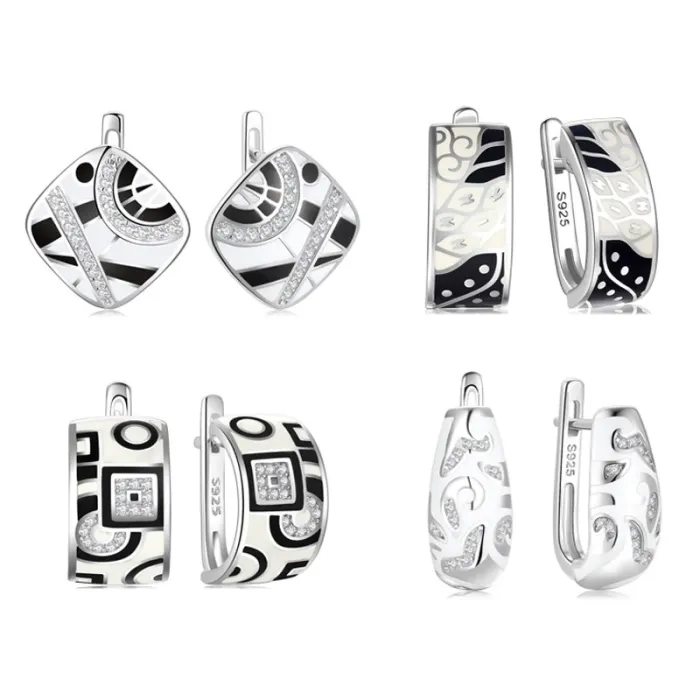 Trendy earrings with cubic zirconia - black / white enamel pattern - original 925 silver