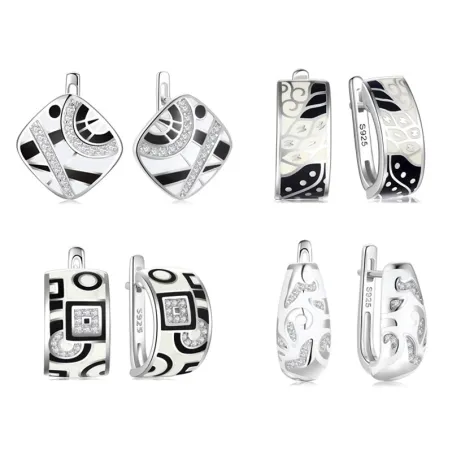 Trendy earrings with cubic zirconia - black / white enamel pattern - original 925 silver