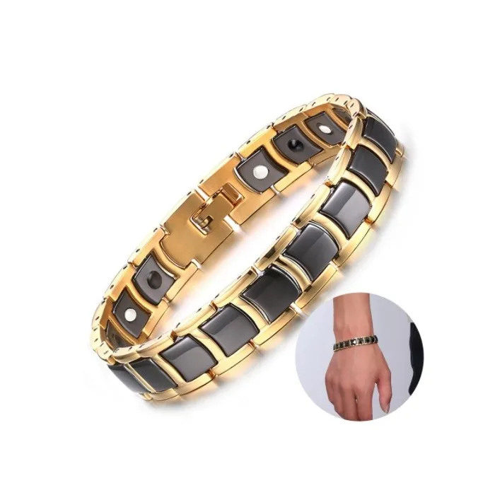steel magnetic bracelet male black ceramic energy germanium bracelets men hand chain gold color hologram bracelet