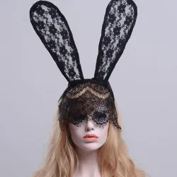 Seksowna koronkowa maska na oczy - z uszami królika - na Halloween / maskarady - czarnaMaski
