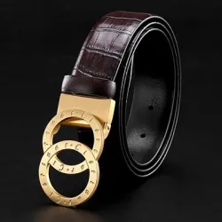 Luxurious leather belt - gold / silver round buckle - unisex