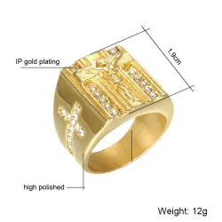 Luxurious gold ring - with Jesus / cross / white cubic zirconia - unisex