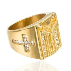 Luxuriöser Goldring - mit Jesus / Kreuz / weißer Zirkonia - unisex