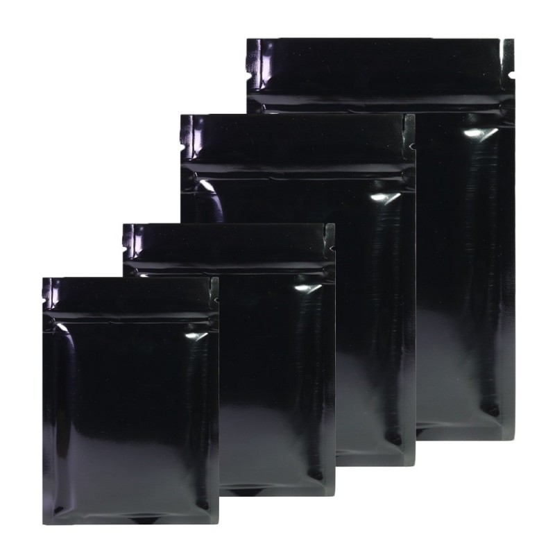 Återförslutningsbara foliepåsar av aluminium - dubbelsidig - med blixtlås - blank svart - 100 stycken