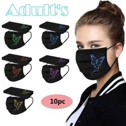 Skyddande ansikts- / munmasker - engångs - 3-lagers för vuxna - fjärils- / hjärtantryck - 10 st.