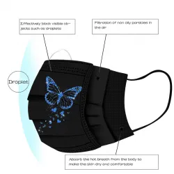 Protective face / mouth masks - disposable - 3-ply for adults - butterfly / hearts print - 10 pieces