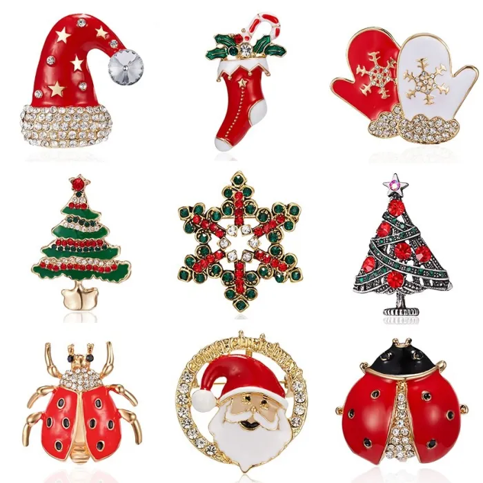 Modische Weihnachtsbroschen - mit Kristallen - Weihnachtsmann - Schneeflocke - Weihnachtsbaum - Mütze - Handschuhe