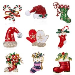 Modne broszki świąteczne - z kryształkami - czapka - skarpetki - podwójna laska cukrowaBroszki