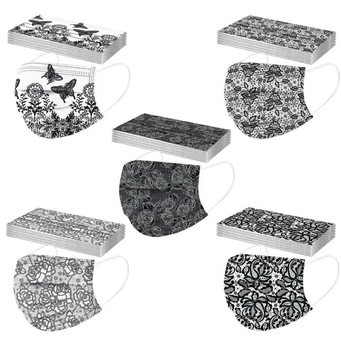 Masques de protection visage / bouche - jetables - 3 plis - pour adultes - imprimé papillons noirs - 50 pièces